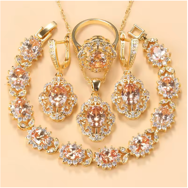 Aurelia Luxe Jewelry Sets - 10-Colors Cubic Zirconia 18K Gold Plated Olive Green Zirconia Charm Bracelet And Ring Jewelry Sets