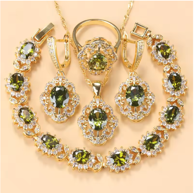 Aurelia Luxe Jewelry Sets - 10-Colors Cubic Zirconia 18K Gold Plated Olive Green Zirconia Charm Bracelet And Ring Jewelry Sets