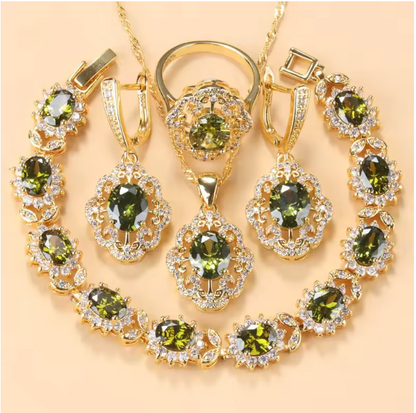 Aurelia Luxe Jewelry Sets - 10-Colors Cubic Zirconia 18K Gold Plated Olive Green Zirconia Charm Bracelet And Ring Jewelry Sets