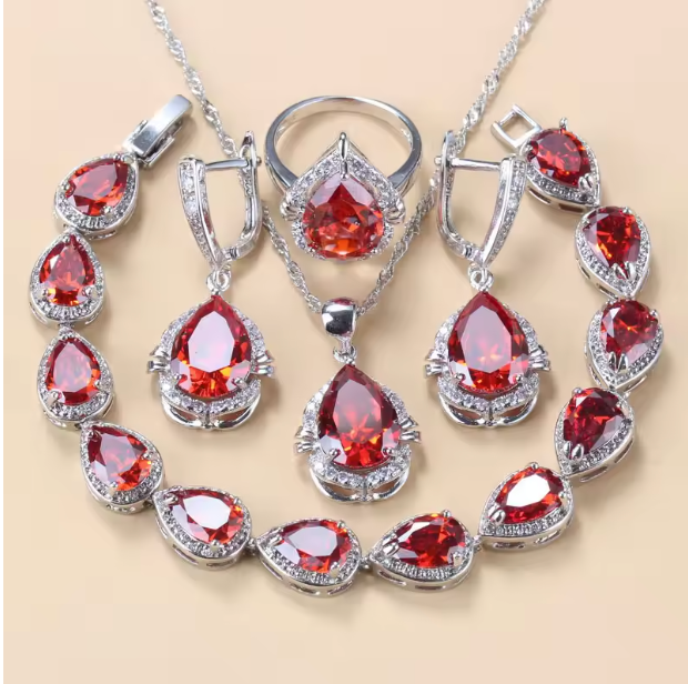 Gilded Grace Jewelry Sets - 925 Silver Water Drop Jewelry Sets With Green Cubic Zirconia Bridal Necklace And Earrings For Women