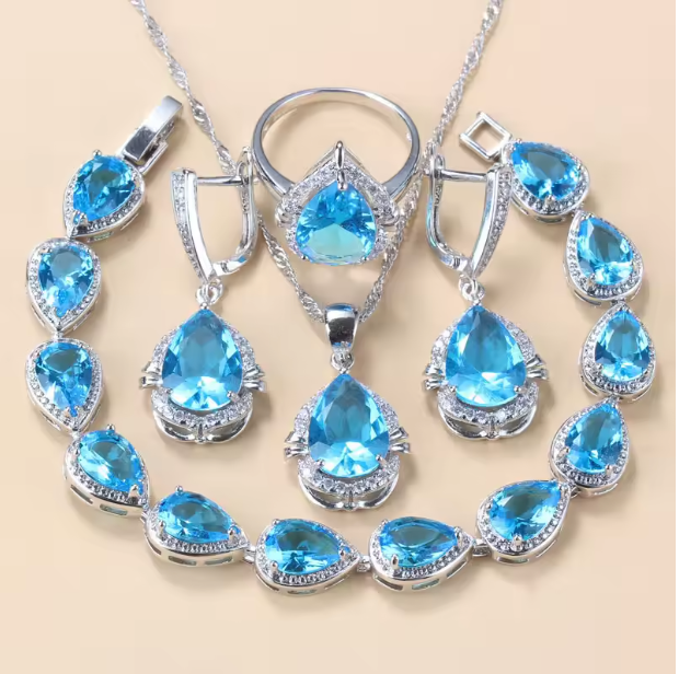 Gilded Grace Jewelry Sets - 925 Silver Water Drop Jewelry Sets With Green Cubic Zirconia Bridal Necklace And Earrings For Women