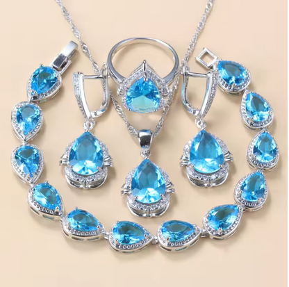 Gilded Grace Jewelry Sets - 925 Silver Water Drop Jewelry Sets With Green Cubic Zirconia Bridal Necklace And Earrings For Women