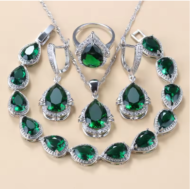 Gilded Grace Jewelry Sets - 925 Silver Water Drop Jewelry Sets With Green Cubic Zirconia Bridal Necklace And Earrings For Women