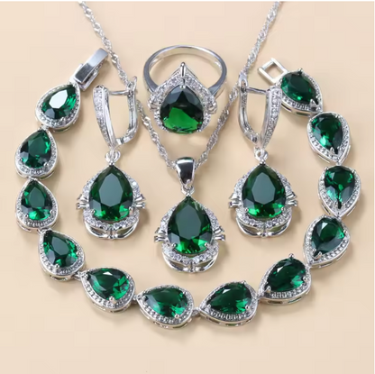 Gilded Grace Jewelry Sets - 925 Silver Water Drop Jewelry Sets With Green Cubic Zirconia Bridal Necklace And Earrings For Women