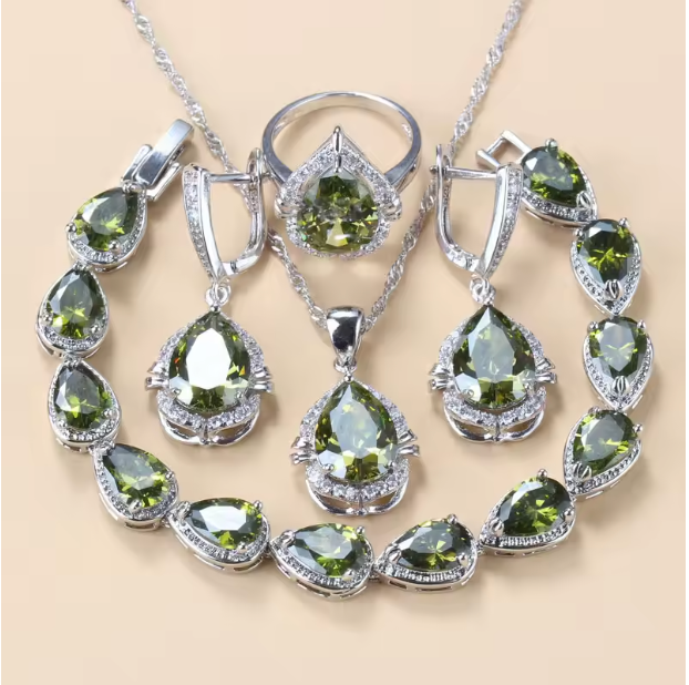 Gilded Grace Jewelry Sets - 925 Silver Water Drop Jewelry Sets With Green Cubic Zirconia Bridal Necklace And Earrings For Women