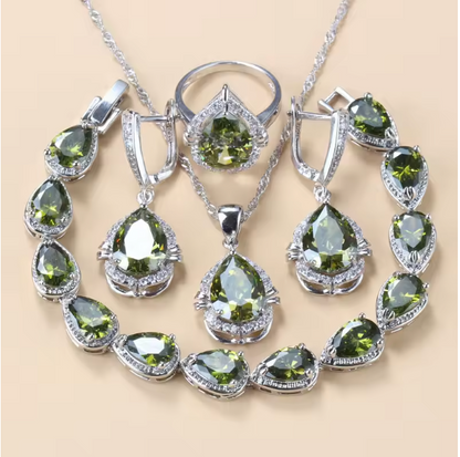 Gilded Grace Jewelry Sets - 925 Silver Water Drop Jewelry Sets With Green Cubic Zirconia Bridal Necklace And Earrings For Women