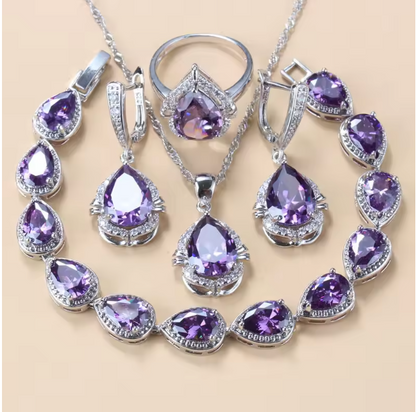 Gilded Grace Jewelry Sets - 925 Silver Water Drop Jewelry Sets With Green Cubic Zirconia Bridal Necklace And Earrings For Women