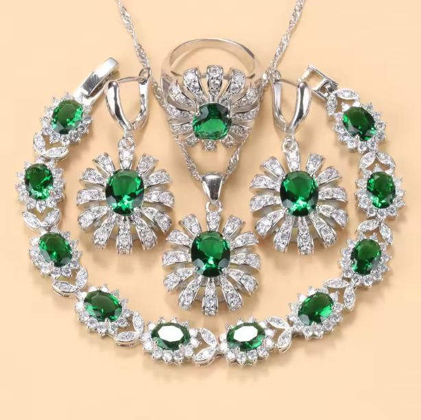 Lumière d'Or Jewelry Sets- 925 Silver Sunflower Big Bracelet. Jewelry Sets AAA+ Red Garnet Dubai Bridal Wedding Elegant Women Necklace Earrings Ring