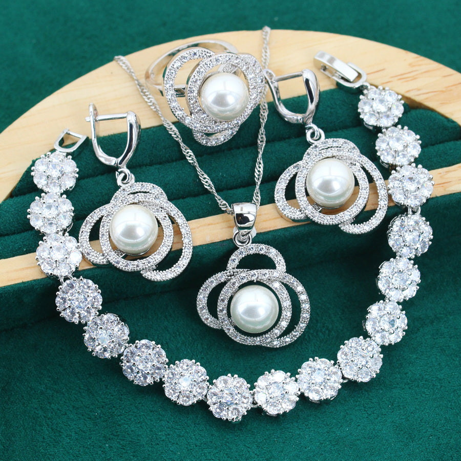 Truly 925 Silver Pearl Pendant Earring Bracelet & Ring Set For Women 5