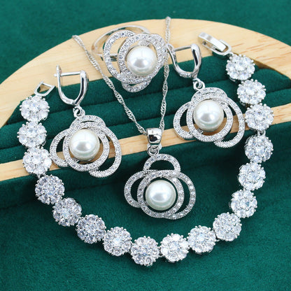 Truly 925 Silver Pearl Pendant Earring Bracelet & Ring Set For Women 5