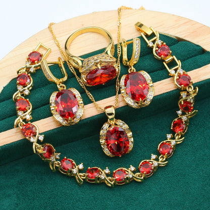 Truly™️ 18K Gold Peridot Ruby Pendant Earring Bracelet & Ring Set For Women