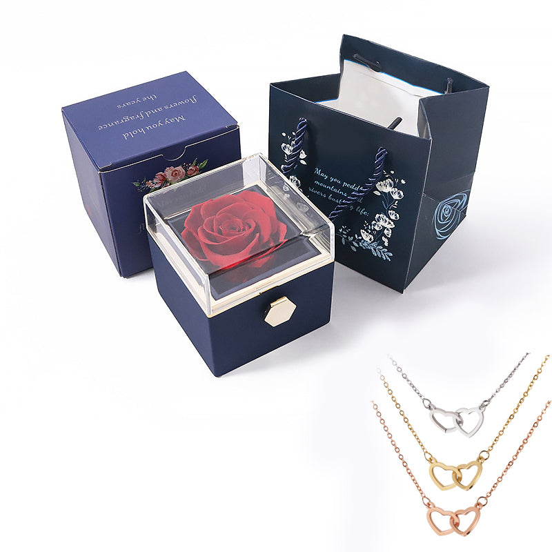 Truly Custom Name Hearts Necklace Eternal Rose Gift Box Rotate for Her on Birthday, Christmas, Mother's Day, Valentine's Day