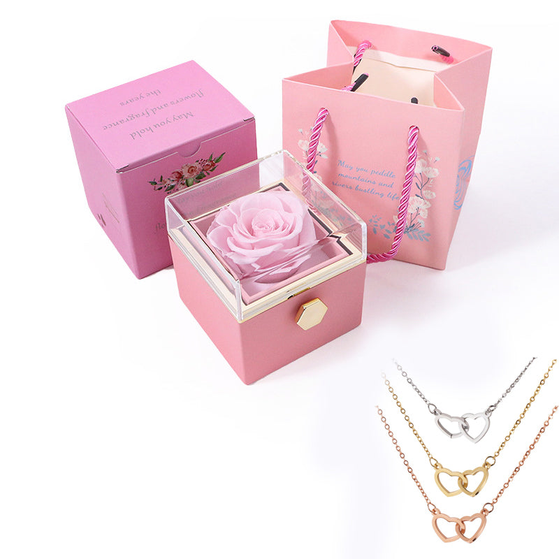 Truly Custom Name Hearts Necklace Eternal Rose Gift Box Rotate for Her on Birthday, Christmas, Mother's Day, Valentine's Day