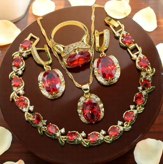 Aurora Bastet 18K Gold Peridot Ruby Pendant Earring Bracelet & Ring Set For Women