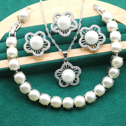 Truly 925 Silver Pearl Pendant Earring Bracelet & Ring Set For Women 5